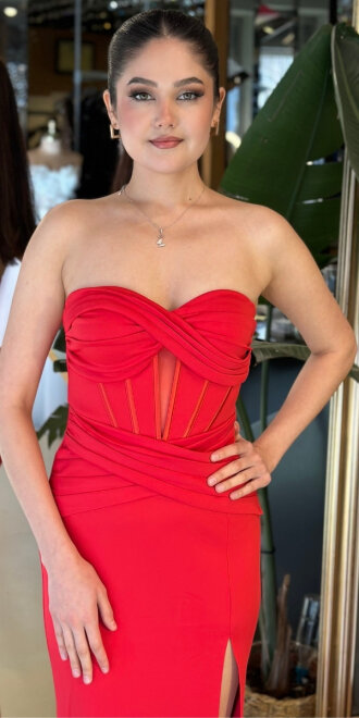 Kırmızı Straplez Yaka Bel Dekolteli Yırtmaçlı Balık Etekli Krep Uzun Abiye Elbise 11020-02 - 3