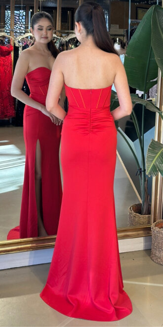 Kırmızı Straplez Yaka Bel Dekolteli Yırtmaçlı Balık Etekli Krep Uzun Abiye Elbise 11020-02 - 5
