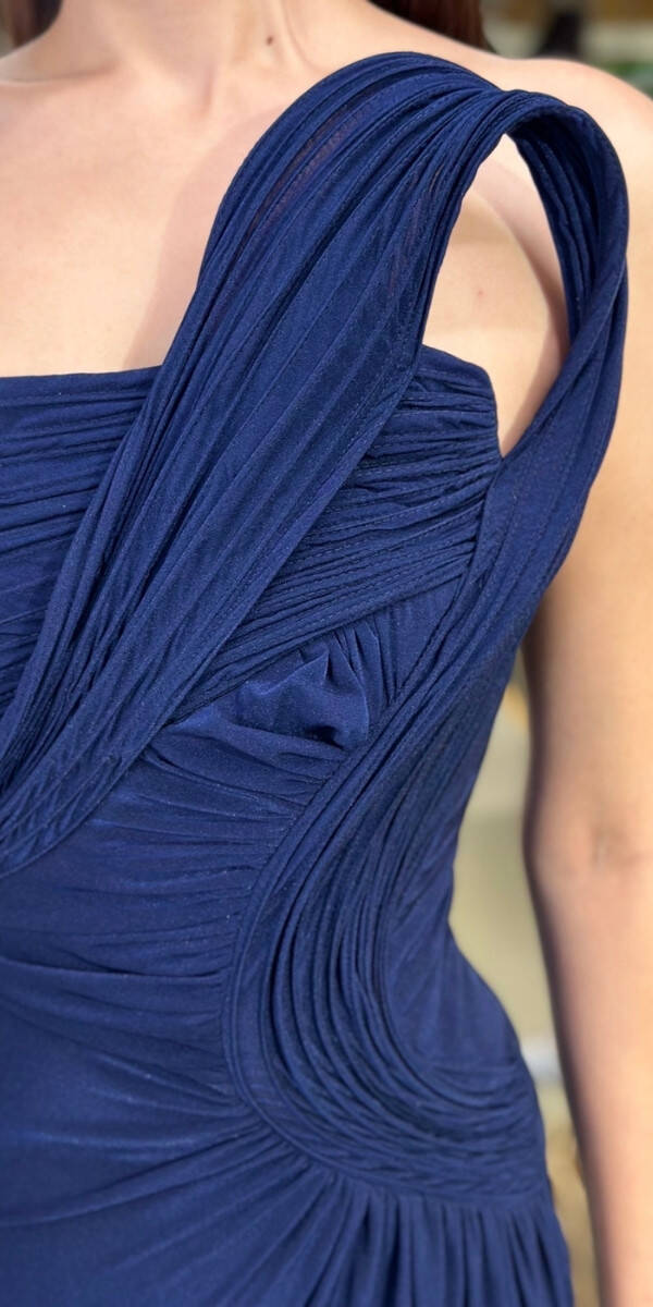 Lacivert Straplez Yaka Detaylı Yırtmaçlı Düz Kesim Likralı Uzun Abiye Elbise 11031 - 4