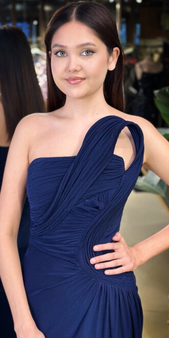 Lacivert Straplez Yaka Detaylı Yırtmaçlı Düz Kesim Likralı Uzun Abiye Elbise 11031 - 3