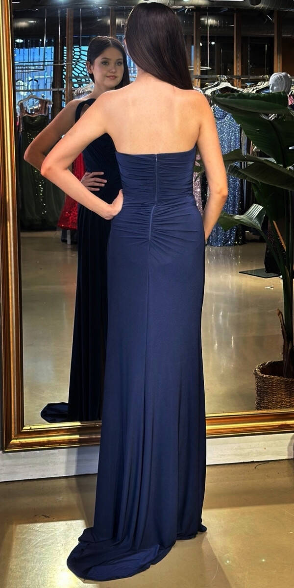 Lacivert Straplez Yaka Detaylı Yırtmaçlı Düz Kesim Likralı Uzun Abiye Elbise 11031 - 5