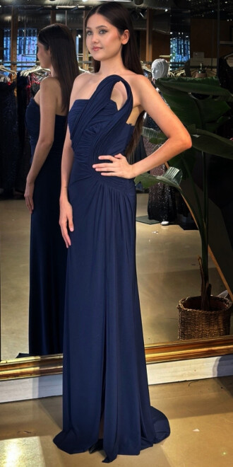 Lacivert Straplez Yaka Detaylı Yırtmaçlı Düz Kesim Likralı Uzun Abiye Elbise 11031 - 2