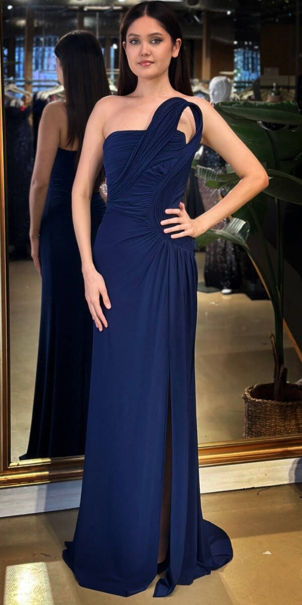 Lacivert Straplez Yaka Detaylı Yırtmaçlı Düz Kesim Likralı Uzun Abiye Elbise 11031 - 1