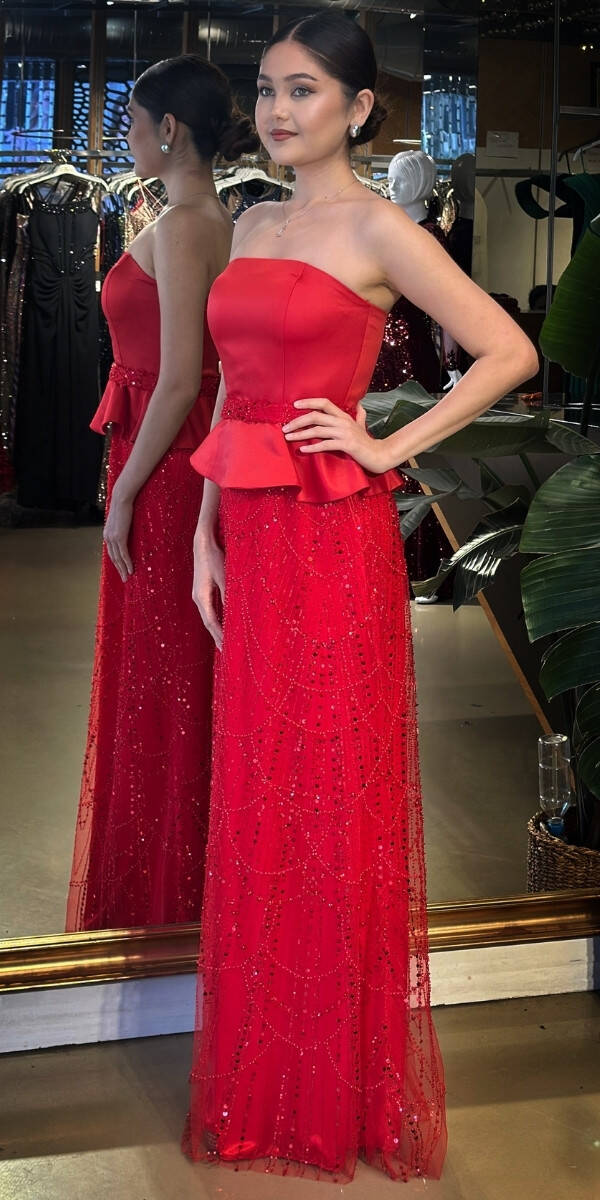 Kırmızı Straplez Yaka Kemerli Sırt Dekolteli Düz Kesim Pullu Boncuklu Uzun Abiye Elbise 11141-02 - 2