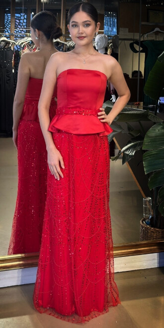 Kırmızı Straplez Yaka Kemerli Sırt Dekolteli Düz Kesim Pullu Boncuklu Uzun Abiye Elbise 11141-02 - 1