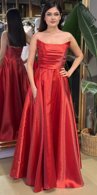 Kırmızı Straplez Yaka Kloş Etekli Saten Uzun Abiye Elbise 11005-01 - abiyeniall