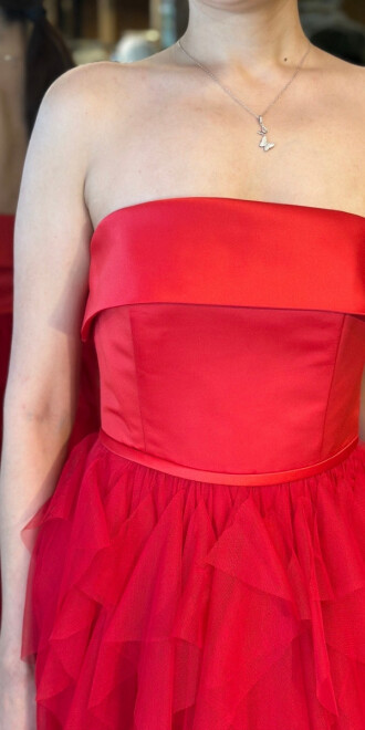 Kırmızı Straplez Yaka Kloş Etekli Tül Uzun Abiye Elbise 11040 - 4