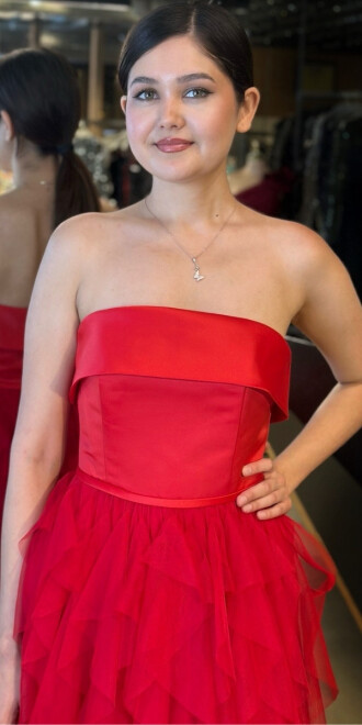 Kırmızı Straplez Yaka Kloş Etekli Tül Uzun Abiye Elbise 11040 - 3