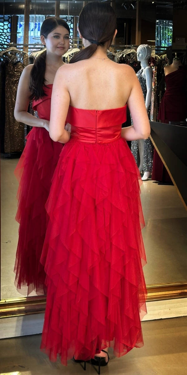 Kırmızı Straplez Yaka Kloş Etekli Tül Uzun Abiye Elbise 11040 - 5