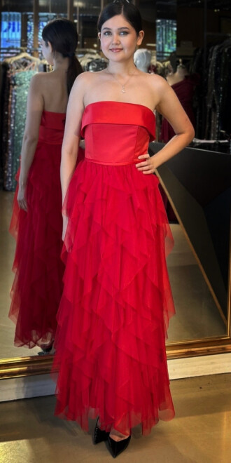 Kırmızı Straplez Yaka Kloş Etekli Tül Uzun Abiye Elbise 11040 