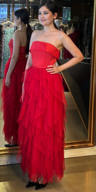 Kırmızı Straplez Yaka Kloş Etekli Tül Uzun Abiye Elbise 11040 - 2