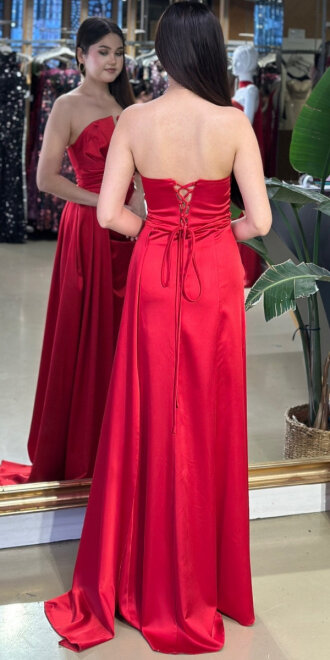 Kırmızı Straplez Yaka Sırt Dekolteli Düz Kesim Saten Uzun Abiye Elbise 11131-01 - 5