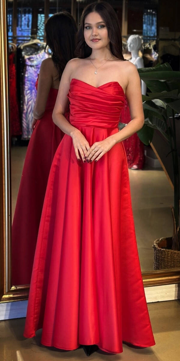 Kırmızı Straplez Yaka Sırt Dekolteli Kloş Etekli Saten Uzun Abiye Elbise 11120-03 - 1