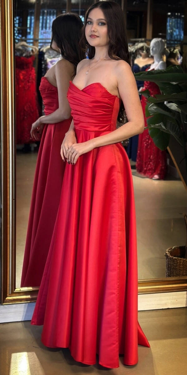 Kırmızı Straplez Yaka Sırt Dekolteli Kloş Etekli Saten Uzun Abiye Elbise 11120-03 - 2