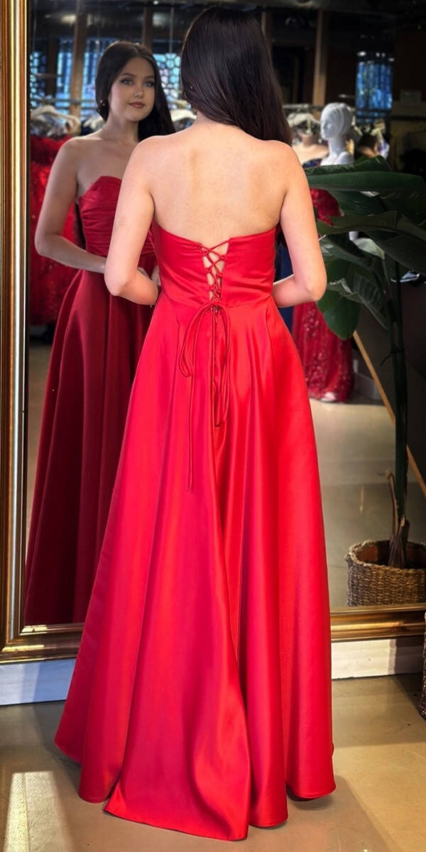 Kırmızı Straplez Yaka Sırt Dekolteli Kloş Etekli Saten Uzun Abiye Elbise 11120-03 - 5