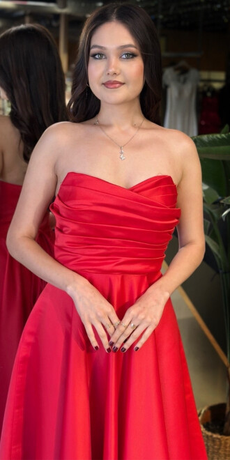 Kırmızı Straplez Yaka Sırt Dekolteli Kloş Etekli Saten Uzun Abiye Elbise 11120-03 - 3