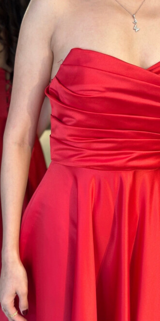 Kırmızı Straplez Yaka Sırt Dekolteli Kloş Etekli Saten Uzun Abiye Elbise 11120-03 - 4
