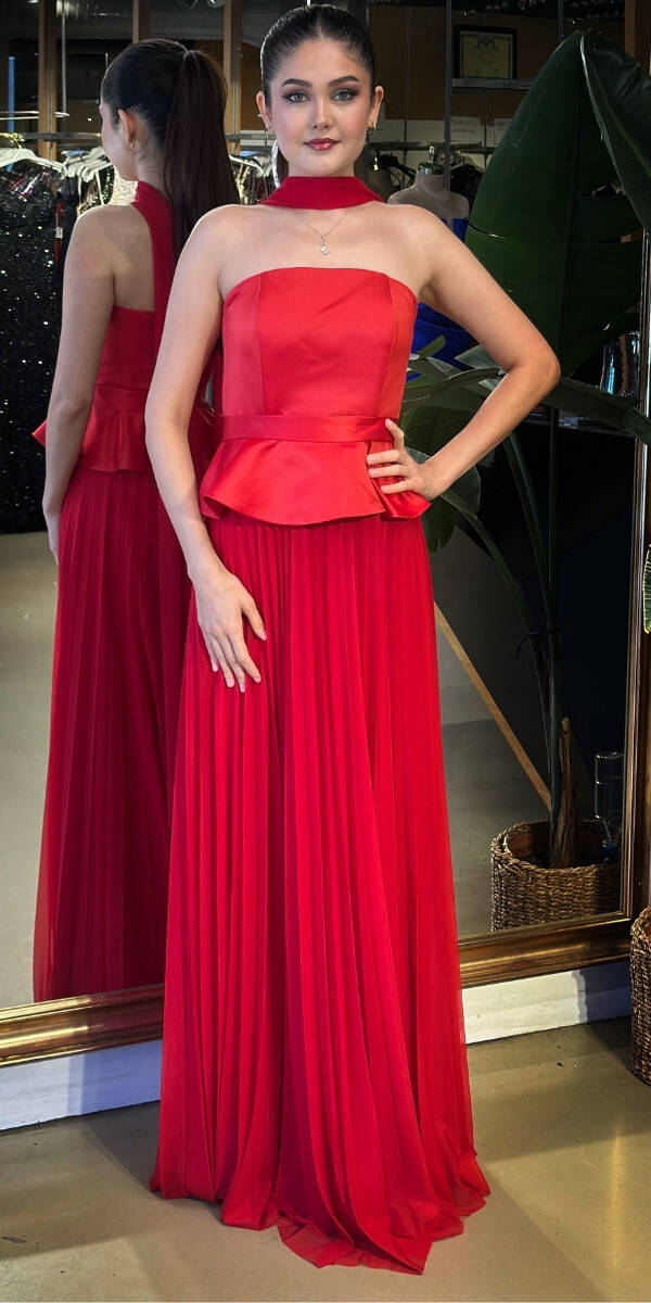 Kırmızı Straplez Yaka Sırt Dekolteli Kloş Etekli Şifon Uzun Abiye Elbise 11140-03 - 1