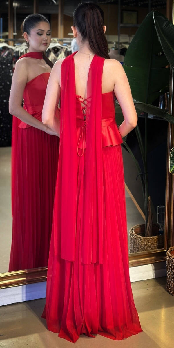 Kırmızı Straplez Yaka Sırt Dekolteli Kloş Etekli Şifon Uzun Abiye Elbise 11140-03 - 5