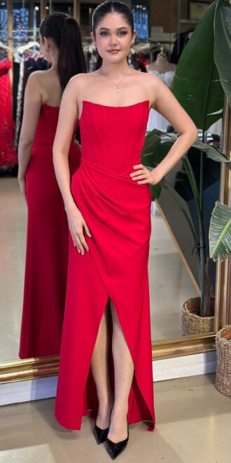 Kırmızı Straplez Yaka Sırt Dekolteli Yırtmaçlı Düz Kesim Krep Uzun Abiye Elbise 11175-01 - abiyeniall