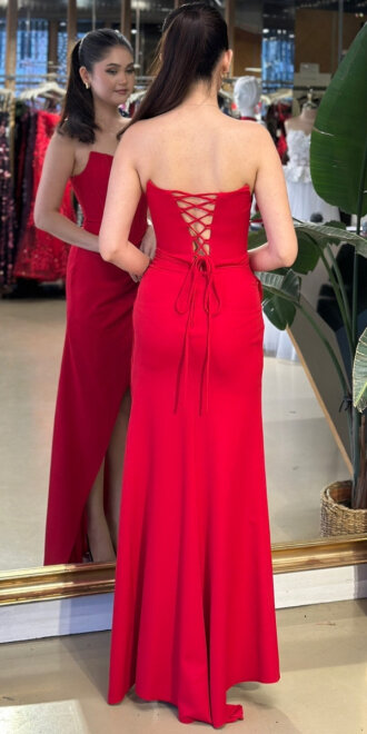 Kırmızı Straplez Yaka Sırt Dekolteli Yırtmaçlı Düz Kesim Krep Uzun Abiye Elbise 11175-01 - 5