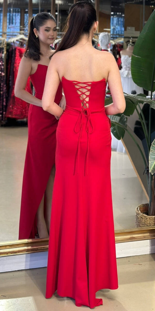 Kırmızı Straplez Yaka Sırt Dekolteli Yırtmaçlı Düz Kesim Krep Uzun Abiye Elbise 11175-01 - 5
