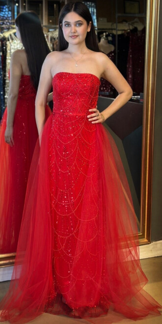 Kırmızı Straplez Yaka Tül Pelerin Etekli Pullu Boncuklu Uzun Abiye Elbise 7705 