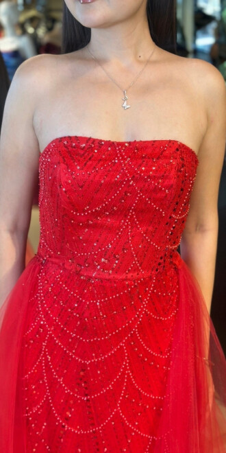 Kırmızı Straplez Yaka Tül Pelerin Etekli Pullu Boncuklu Uzun Abiye Elbise 7705 - 4