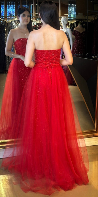 Kırmızı Straplez Yaka Tül Pelerin Etekli Pullu Boncuklu Uzun Abiye Elbise 7705 - 5