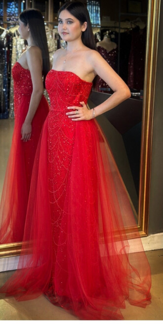 Kırmızı Straplez Yaka Tül Pelerin Etekli Pullu Boncuklu Uzun Abiye Elbise 7705 - 2