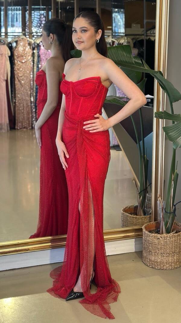 Kırmızı Straplez Yaka Yırtmaçlı Balık Etekli Taşlı Uzun Abiye Elbise 11171-06 - 2