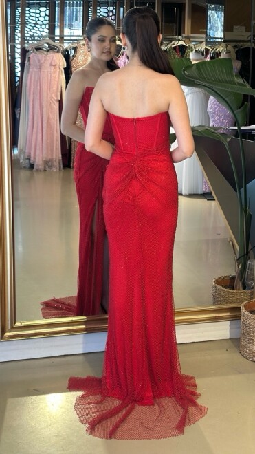 Kırmızı Straplez Yaka Yırtmaçlı Balık Etekli Taşlı Uzun Abiye Elbise 11171-06 - 5