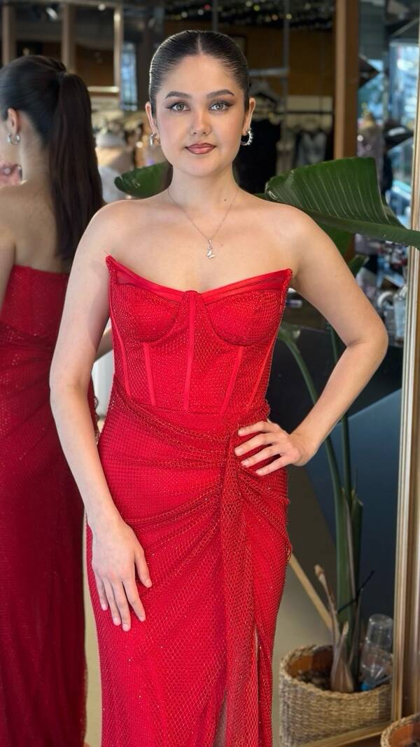 Kırmızı Straplez Yaka Yırtmaçlı Balık Etekli Taşlı Uzun Abiye Elbise 11171-06 - 3