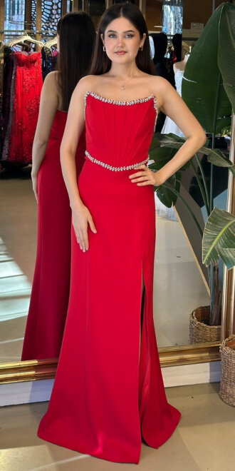 Kırmızı Straplez Yaka Yırtmaçlı Düz Kesim Krep Uzun Abiye Elbise 11208-03 - abiyeniall