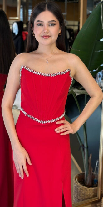 Kırmızı Straplez Yaka Yırtmaçlı Düz Kesim Krep Uzun Abiye Elbise 11208-03 - 3