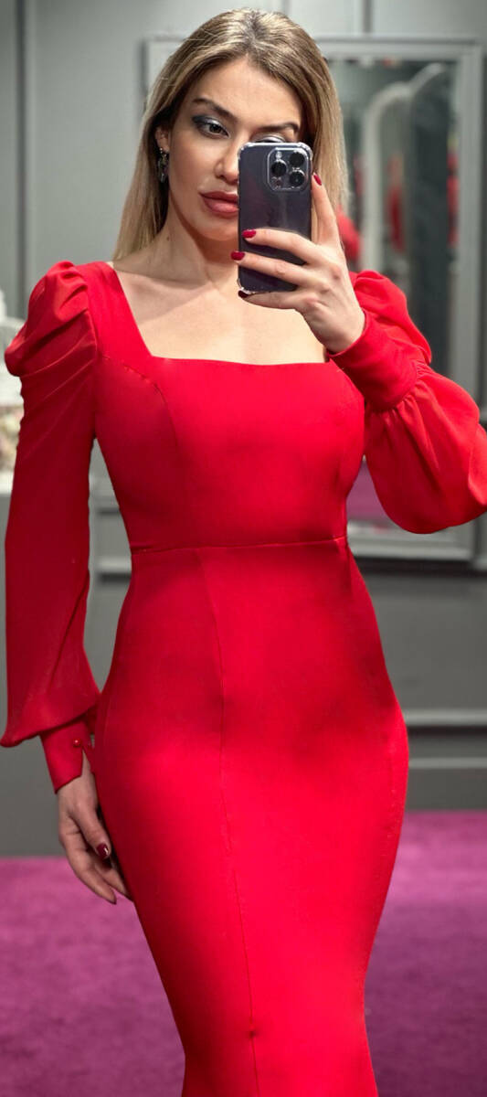 Kırmızı Uzun Kollu Balık Etekli Krep Uzun Abiye Elbise 7353 - 2