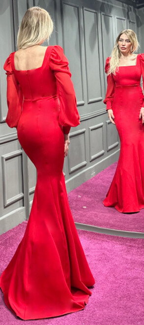 Kırmızı Uzun Kollu Balık Etekli Krep Uzun Abiye Elbise 7353 - 5