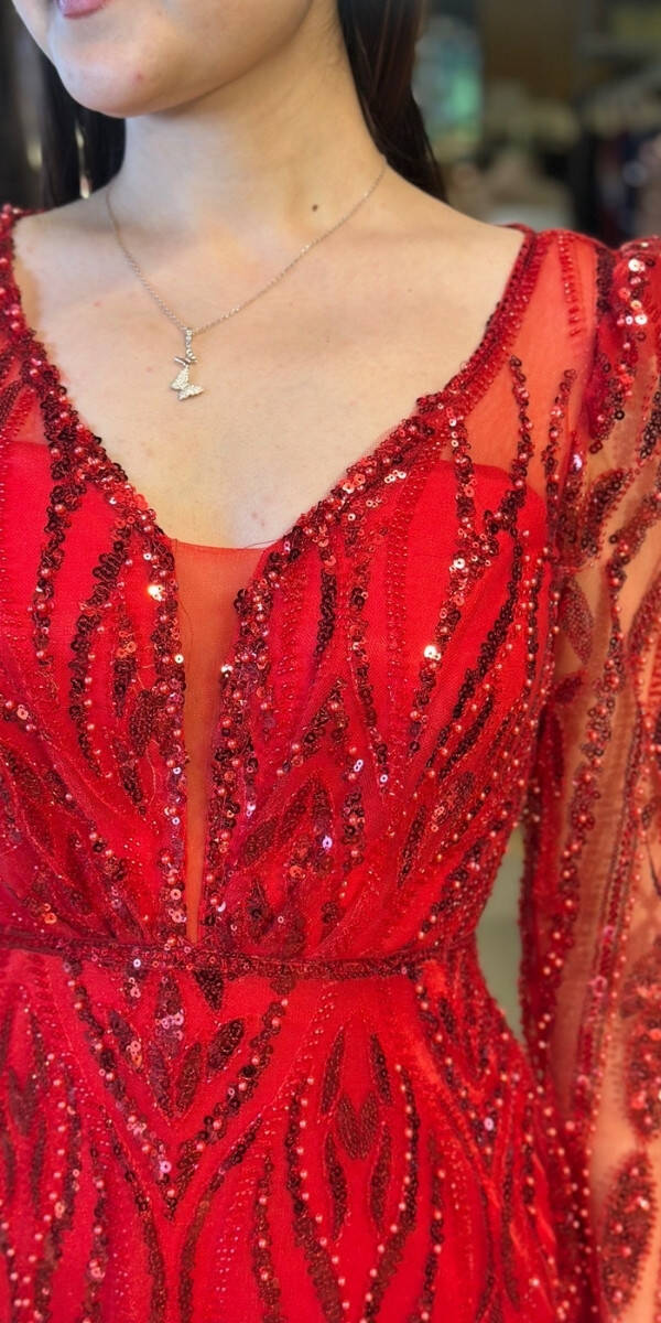 Kırmızı Uzun Kollu V Yaka Düz Kesim Pullu Boncuklu Uzun Abiye Elbise 11057 - 3