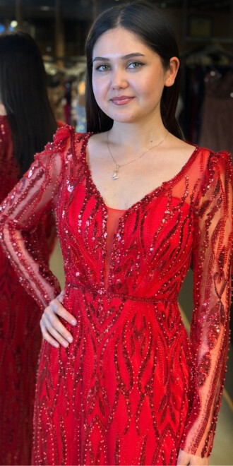 Kırmızı Uzun Kollu V Yaka Düz Kesim Pullu Boncuklu Uzun Abiye Elbise 11057 - 2