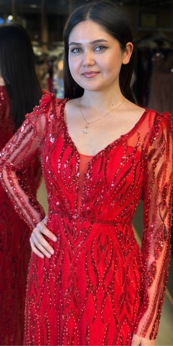 Kırmızı Uzun Kollu V Yaka Düz Kesim Pullu Boncuklu Uzun Abiye Elbise 11057 - 2