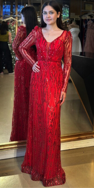 Kırmızı Uzun Kollu V Yaka Düz Kesim Pullu Boncuklu Uzun Abiye Elbise 11057 - 1