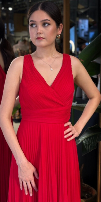 Kırmızı V Yaka Kalın Askı Kloş Etekli Şifon Uzun Abiye Elbise 11098-01 - 3