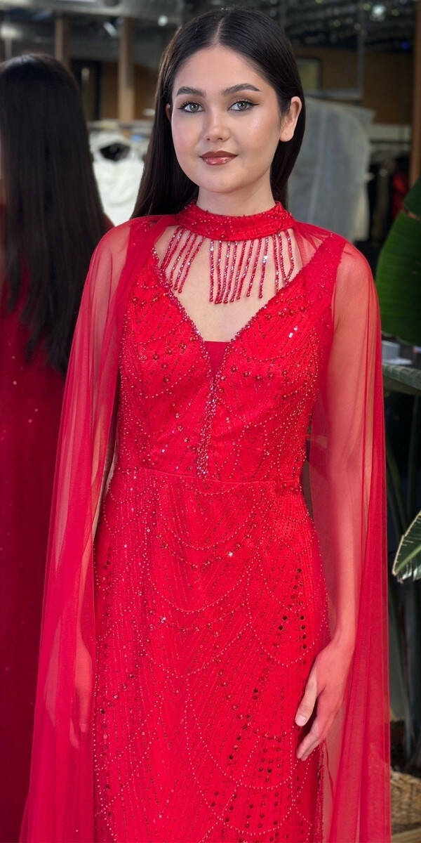 Kırmızı V Yaka Kalın Askı Pelerin Düz Kesim Pullu Boncuklu Uzun Abiye Elbise 11142-01 - 3