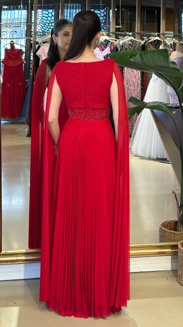 Kırmızı V Yaka Pelerin Kloş Etekli Şifon Uzun Abiye Elbise 11108-06 - 5