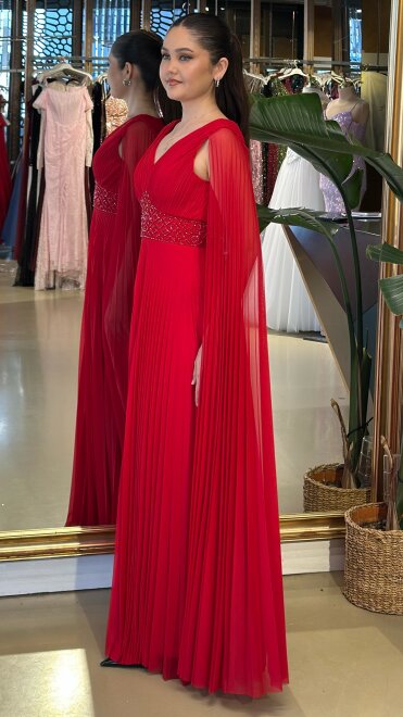 Kırmızı V Yaka Pelerin Kloş Etekli Şifon Uzun Abiye Elbise 11108-06 - 2