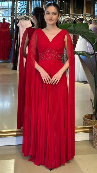 Kırmızı V Yaka Pelerin Kloş Etekli Şifon Uzun Abiye Elbise 11108-06 