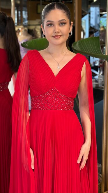 Kırmızı V Yaka Pelerin Kloş Etekli Şifon Uzun Abiye Elbise 11108-06 - 3