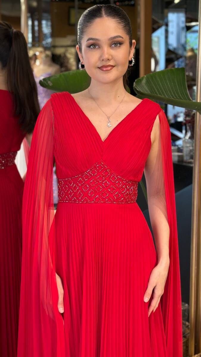 Kırmızı V Yaka Pelerin Kloş Etekli Şifon Uzun Abiye Elbise 11108-06 - 3