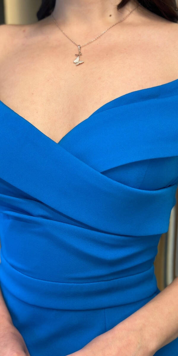 Kobalt Mavi Yırtmaçlı Balık Etekli Krep Uzun Abiye Elbise 7507 - 4