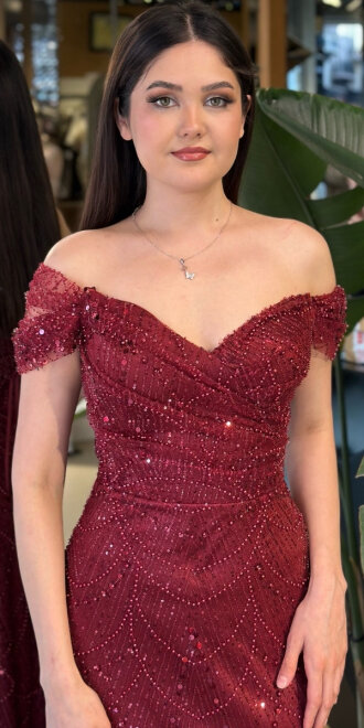 Koyu Bordo Madonna Yaka Sırt Dekolteli Düz Kesim Pullu Boncuklu Uzun Abiye Elbise 11044-24 - 3